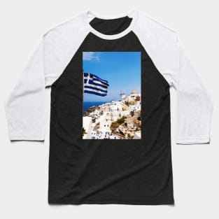 Oia Village Santorini And Greek Flag Baseball T-Shirt